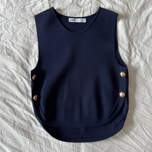 Zara Navy Knit Sleeveless Top with Gold Buttons